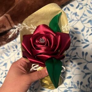 New Satin Burgundy Ribbon Rose in White Box.